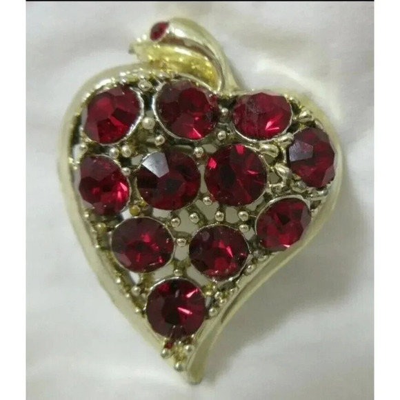 VTG HEART Brooch Gold Tone Red Rhinestone Brooch Heart Valentines - Picture 1 of 11